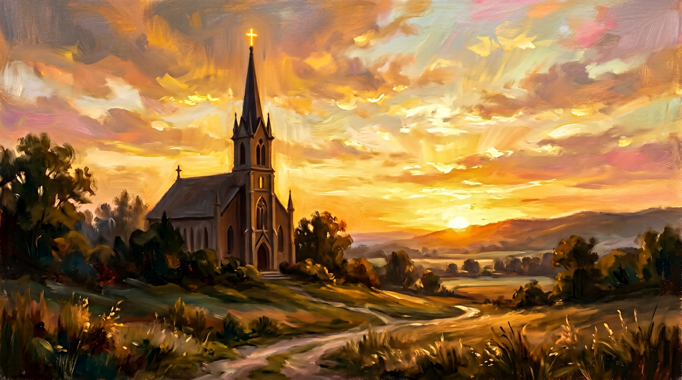 L'église au lever du soleil — Dimanche, la communauté se rassemble