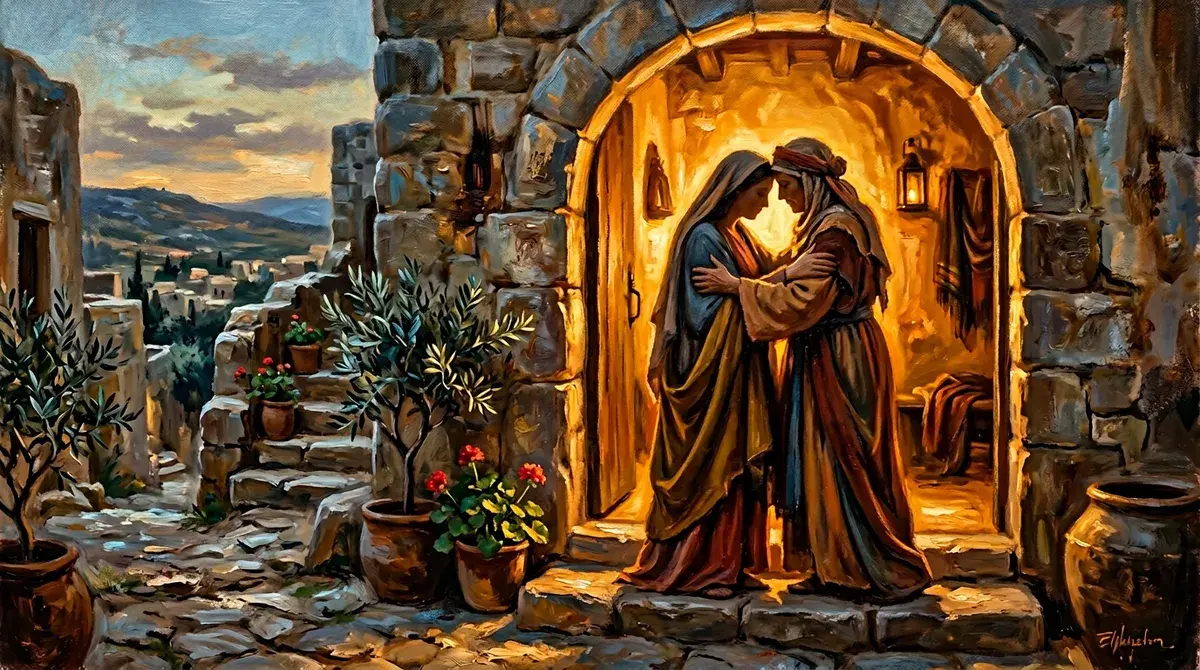 Hai phụ nữ chào nhau trong ánh sáng ấm — gợi Maria và bà I-sa-ve